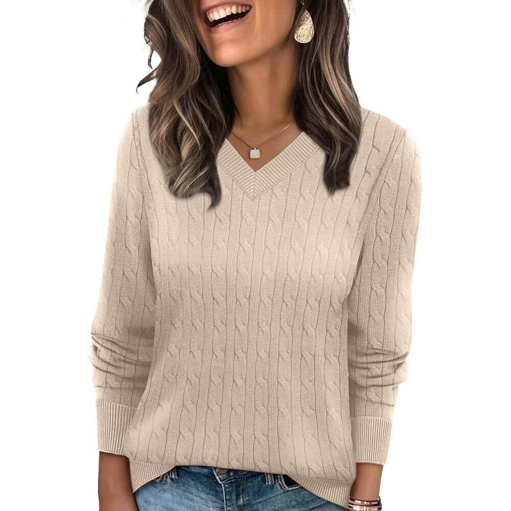 Women's Cable Knit Sweater V Neck Lightweight Fall Casual Business Wear
